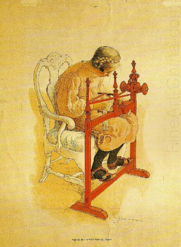 Carl Larsson flicka som vafver roda guldband china oil painting image